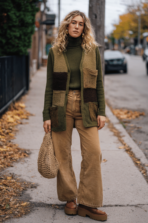 a woman dressed in a cozy olive green turtleneck sweater tucked into high-waist flared jeans in a warm caramel wash, a long patchwork boho vest in earthy tones layered over the top