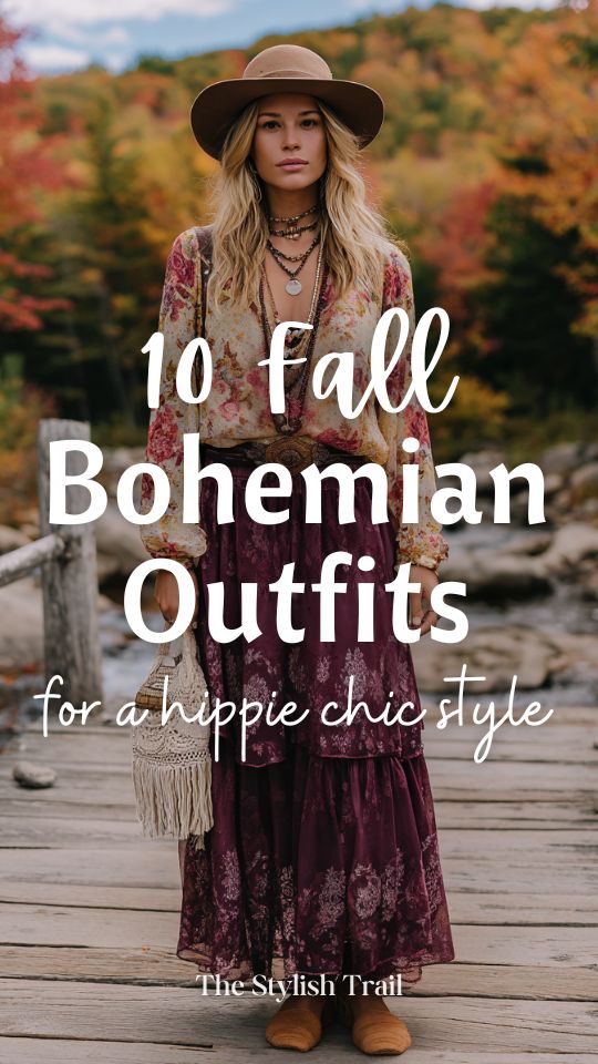 a woman dressed in a fall boho outfit with autumn hippie chic style, featuring sheer floral printed boho blouse in warm autumn hues tucked into a long tiered skirt in deep plum with lace hem detai