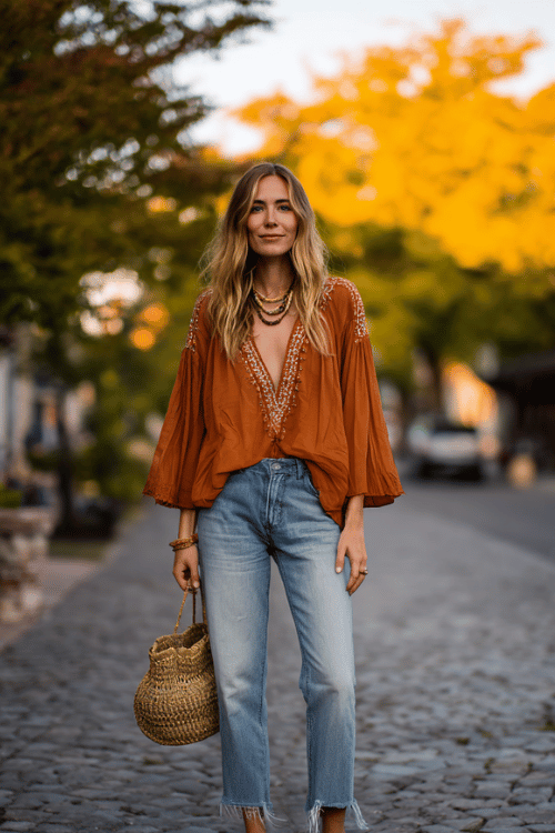 a woman dressed in a flowing rust-orange boho blouse with bell sleeves and embroidered neckline tucked into straight-leg medium wash jeans with frayed hem, simple flat leather sandals
