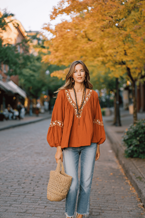 a woman dressed in a flowing rust-orange boho blouse with bell sleeves and embroidered neckline tucked into straight-leg medium wash jeans with frayed hem