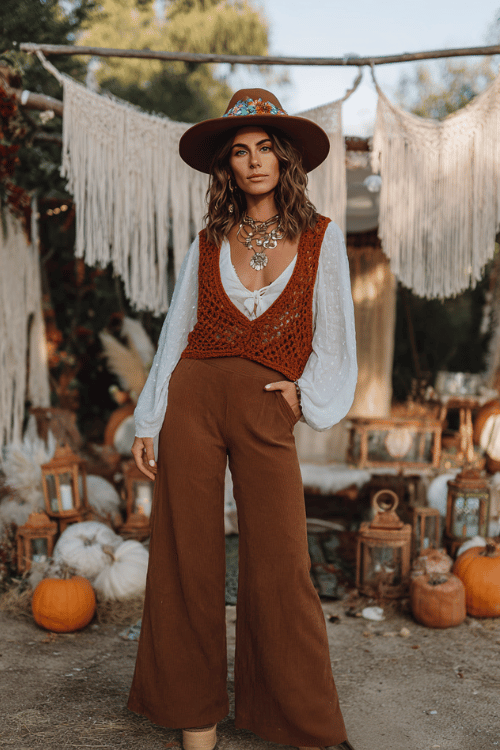 a woman dressed in a loose rust-colored crochet vest over a white flowy long-sleeve blouse, wide-leg earthy brown linen pants, a wide-brim felt hat with a floral band
