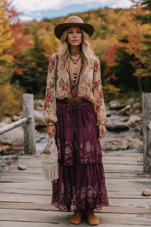 a woman dressed in a sheer floral printed boho blouse in warm autumn hues tucked into a long tiered skirt in deep plum with lace hem detailing, a floppy suede hat, layered pearl and crystal neckl