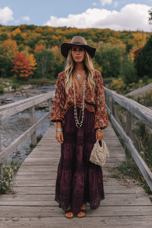 a woman dressed in a sheer floral printed boho blouse in warm autumn hues tucked into a long tiered skirt in deep plum with lace hem detailing, a floppy suede hat