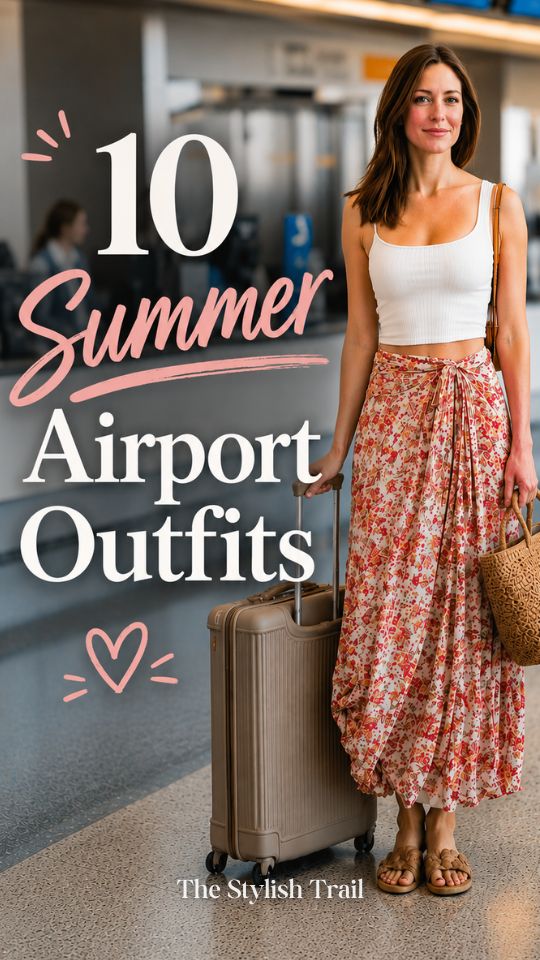 a woman dressed in a summer airport outfit with a flowy floral wrap midi skirt paired with a fitted white ribbed tank top and flat leather sandals