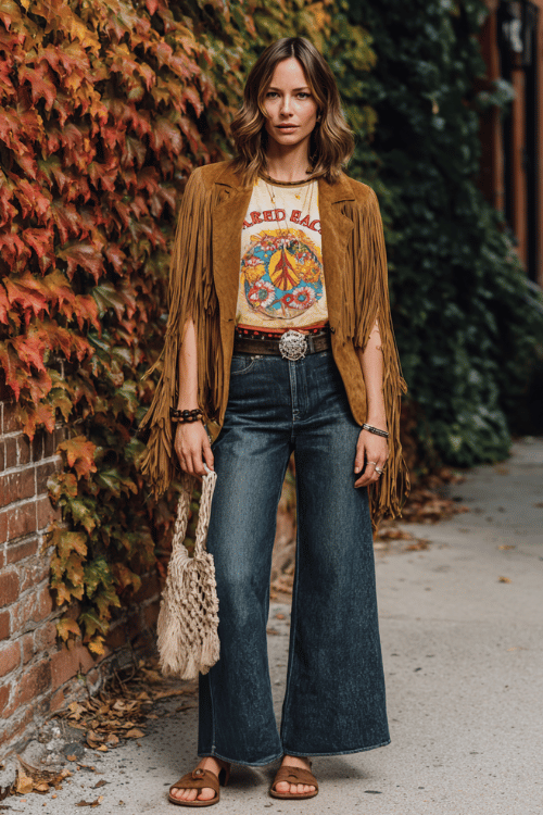 a woman dressed in a vintage boho graphic tee with a peace and floral print tucked loosely into high-waist wide-leg jeans in a deep indigo wash, a long fringed suede jacket in camel 