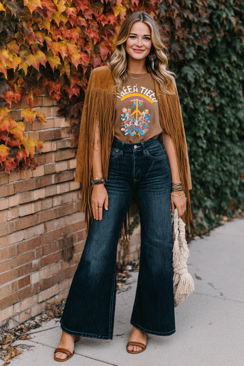 a woman dressed in a vintage boho graphic tee with a peace and floral print tucked loosely into high-waist wide-leg jeans in a deep indigo wash, a long fringed suede jacket in camel