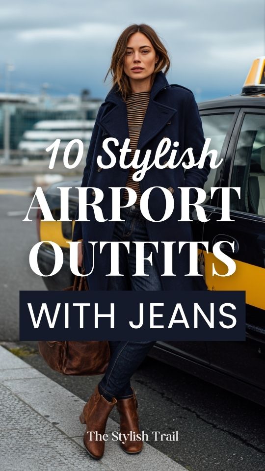 a woman dressed in an airport outfit with jeans, a navy blue double-breasted peacoat over a fitted striped Breton top, with brown leather Chelsea boots