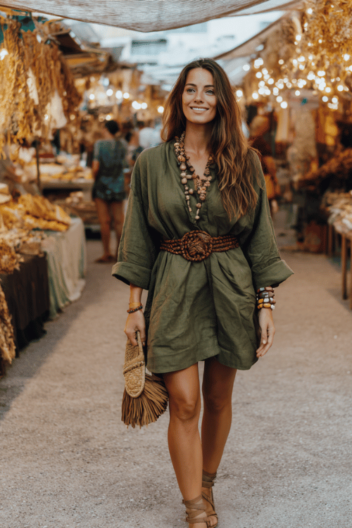 a woman in a boho hippie chic ensemble featuring an oversized olive green linen shirt dress belted at the waist with a thick braided leather belt, layered wooden bead necklaces
