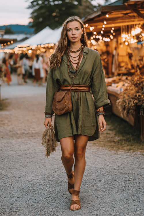 a woman in a boho hippie chic ensemble featuring an oversized olive green linen shirt dress belted at the waist with a thick braided leather belt, layered wooden bead necklaces