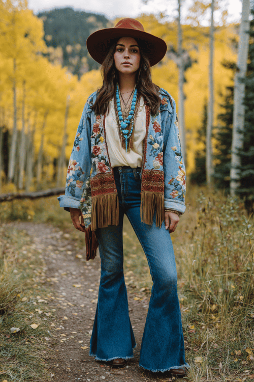 a woman in a bold boho statement look featuring an oversized patchwork denim jacket with floral embroidery over a flowy cream peasant blouse, tucked into high-waist flared jeans