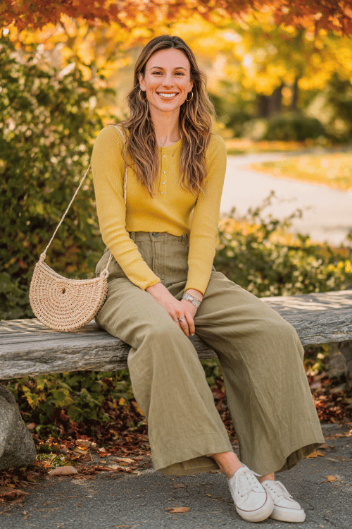 a woman in a casual boho look featuring a soft mustard yellow henley long-sleeve top, relaxed wide-leg olive linen pants, a simple woven crossbody bag, delicate stacked rings