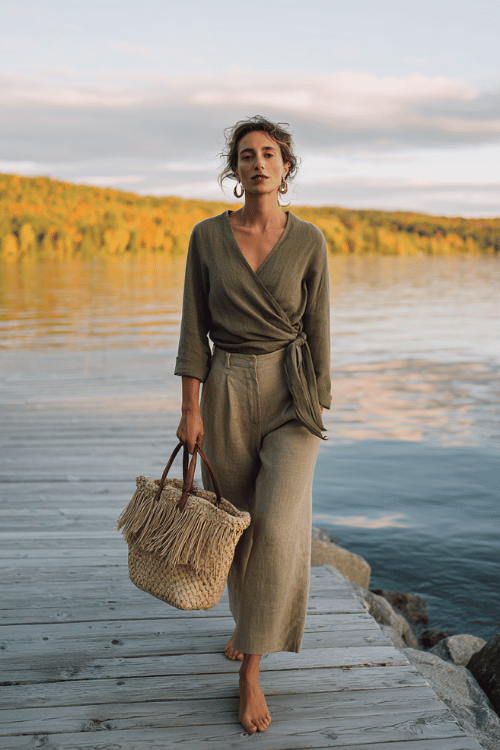 a woman in a casual boho weekend outfit featuring a soft olive green wrap top with long ties, relaxed matching wide-leg linen pants, simple braided leather sandals (2)