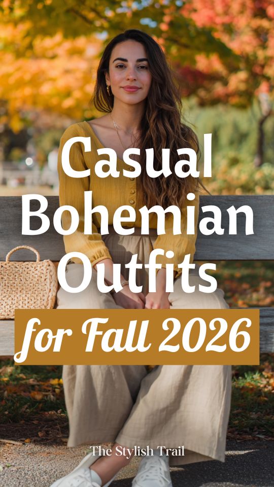 a woman in a casual fall boho outfit featuring a soft mustard yellow henley long-sleeve top, relaxed wide-leg olive linen pants, a simple woven crossbody bag, delicate stacked rings