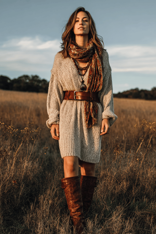 a woman in a cozy autumn hippie chic outfit featuring a long chunky knit sweater dress in oatmeal with dropped shoulders, a wide braided suede belt