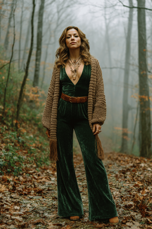 a woman in a deep forest green velvet flared jumpsuit with wide sleeves and a plunging neckline, a chunky knit earth-toned cardigan draped over her shoulders