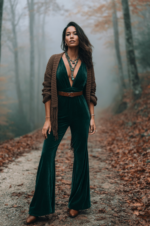 a woman in a deep forest green velvet flared jumpsuit with wide sleeves and a plunging neckline, a chunky knit earth-toned cardigan draped over her shoulders