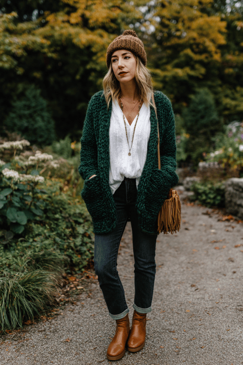 a woman in a relaxed boho outfit featuring a chunky hand-knit cardigan in deep forest green over a flowy white lace blouse, straight-leg dark wash jeans, flat cognac leather Chelsea boots