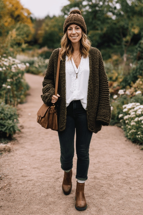 a woman in a relaxed boho outfit featuring a chunky hand-knit cardigan in deep forest green over a flowy white lace blouse, straight-leg dark wash jeans, flat cognac leather Chelsea boots