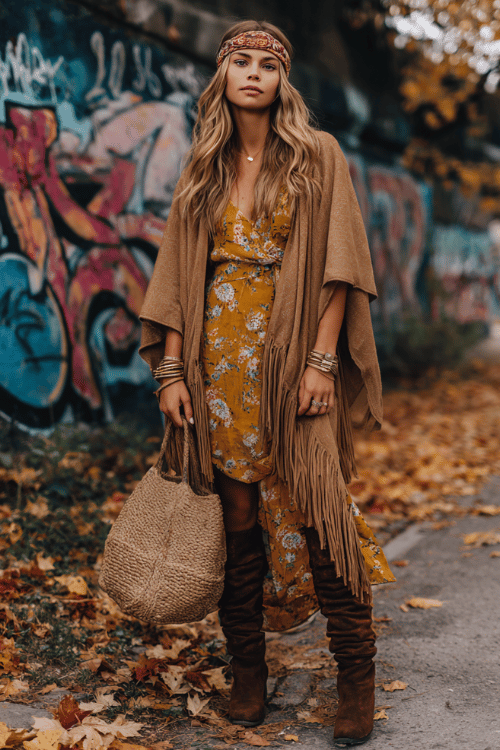 a woman in a relaxed hippie chic look featuring a camel-toned fringed poncho over a mustard floral midi dress, dark brown suede over-the-knee boots, a wide leather headband
