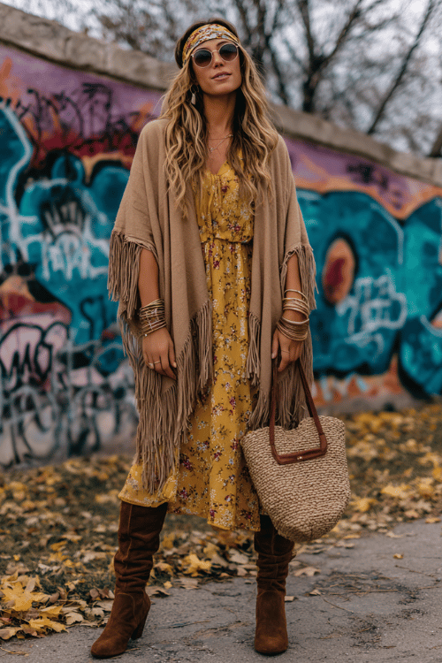 a woman in a relaxed hippie chic look featuring a camel-toned fringed poncho over a mustard floral midi dress, dark brown suede over-the-knee boots