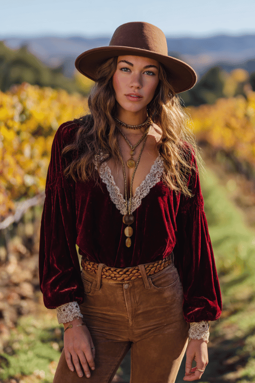 a woman in a vintage-inspired boho look featuring a deep burgundy velvet peasant blouse with lace trim tucked into high-waist skinny jeans, a thick braided leather belt 