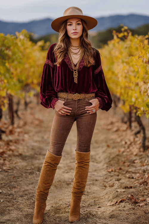 a woman in a vintage-inspired boho look featuring a deep burgundy velvet peasant blouse with lace trim tucked into high-waist skinny jeans, a thick braided leather belt