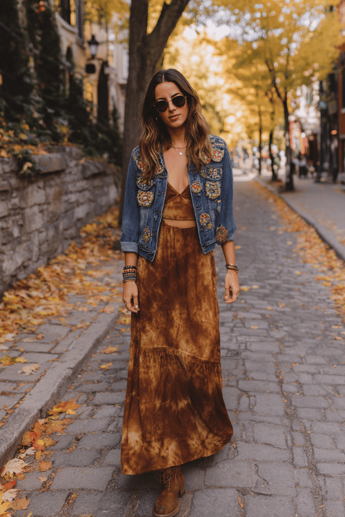 a woman in a vintage-inspired hippie chic outfit featuring a long tie-dye maxi dress in amber and brown tones, a cropped denim jacket with floral patches, stacked beaded bracelets