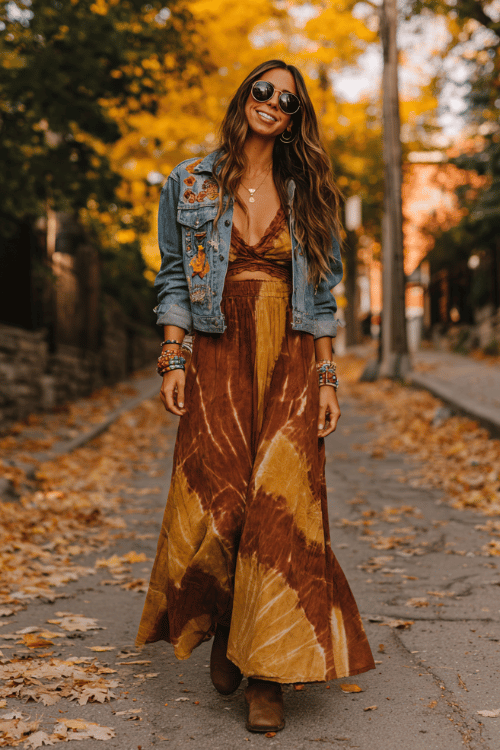 a woman in a vintage-inspired hippie chic outfit featuring a long tie-dye maxi dress in amber and brown tones, a cropped denim jacket with floral patches