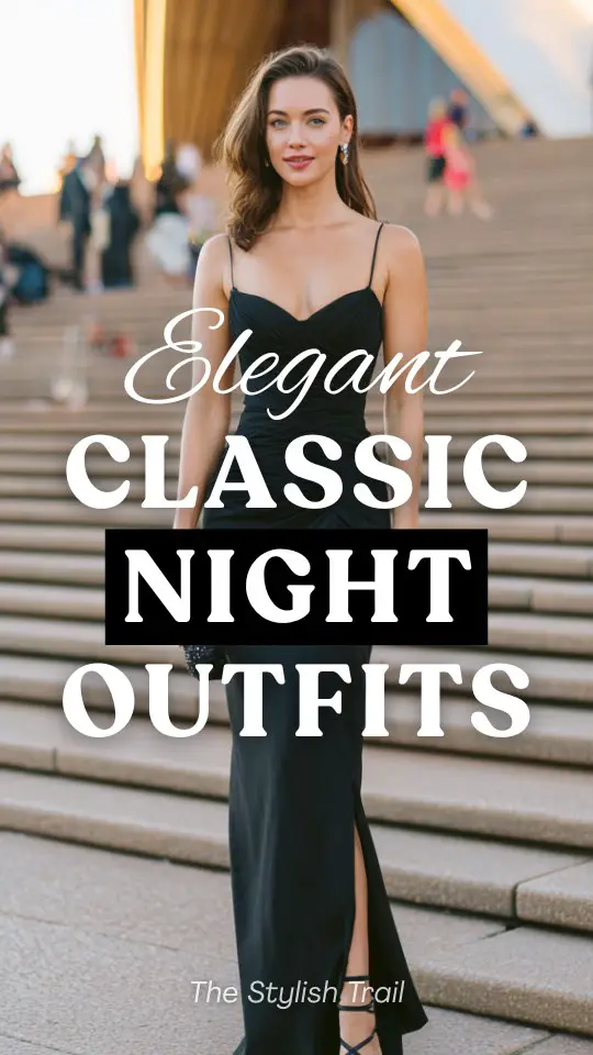 a woman in an elegant classic night outfit with a floor-length sleeveless black crepe gown with a subtle sweetheart neckline, a fitted bodice, and a gracefully flowing skirt with a small side slit