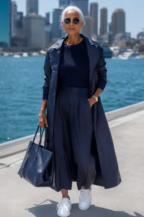 a woman in her mid-50s dressed in a classic monochrome all-navy ensemble featuring a relaxed ribbed knit long-sleeve top, tailored wide-leg trousers, and a long structured waterproof trench coat