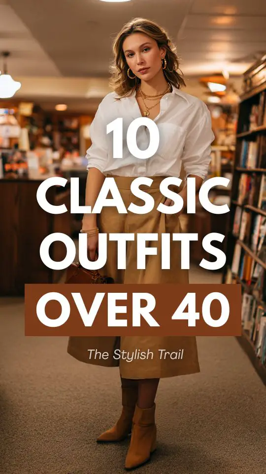 a woman over 40 dressed in a classic outfit with a white linen button-down shirt tucked loosely into a high-waisted A-line midi skirt in rich camel wool