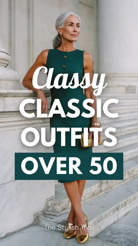 a woman over 50 wearing a classy classic outfit with a tailored sleeveless sheath dress in rich emerald green wool crepe and subtle gold button detailing at the neckline