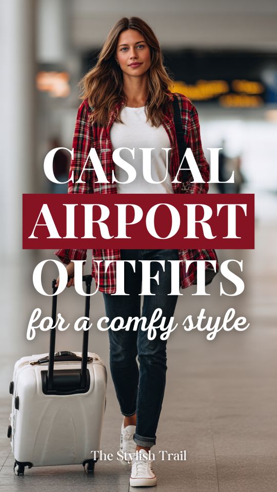 a woman wearing a casual airport outfit with a cozy oversized flannel shirt in warm red and black plaid over a simple white fitted long-sleeve top and slim dark wash skinny jeans