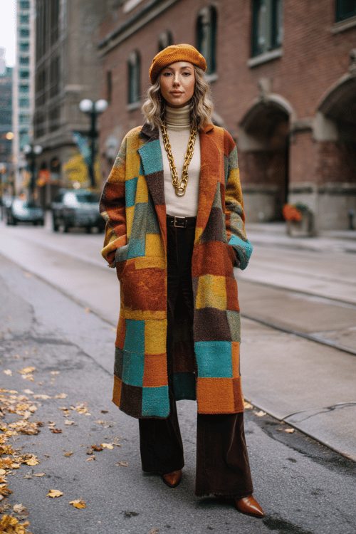 a woman wearing a colorful bohemian patchwork coat in shades of terracotta, mustard, and teal over a simple cream turtleneck and flared dark brown trousers