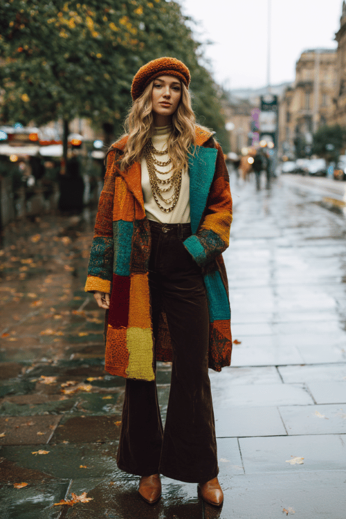 a woman wearing a colorful bohemian patchwork coat in shades of terracotta, mustard, and teal over a simple cream turtleneck and flared dark brown trousers