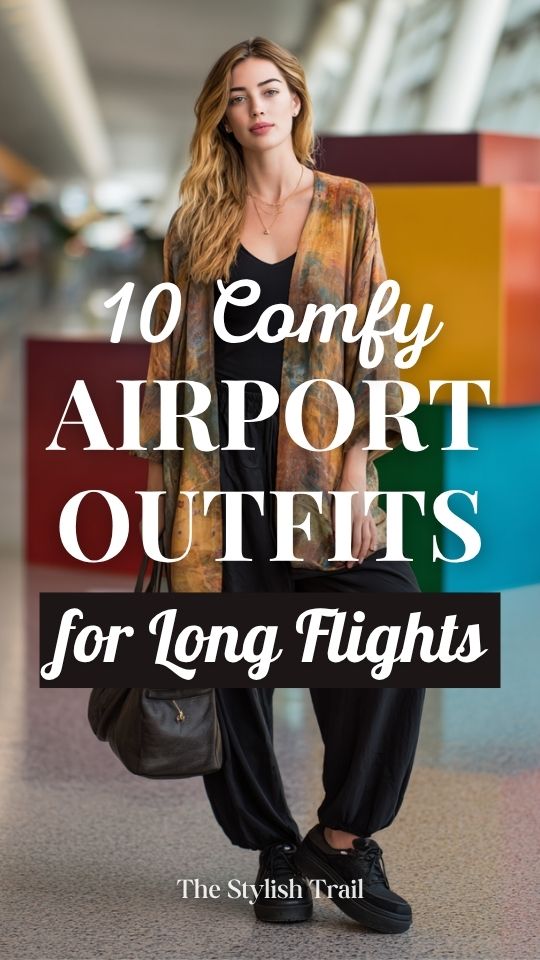 a woman wearing a comfy airport outfit for long flight with a bold printed loose kimono jacket in warm earthy abstract tones over a simple fitted black long-sleeve top and relaxed straight-leg black jersey pants