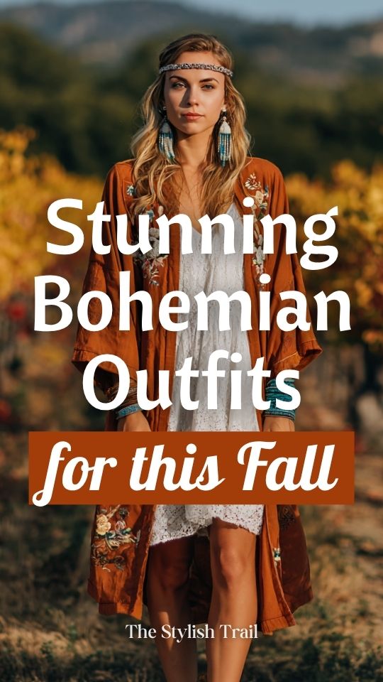 a woman wearing a fall boho outfit with a flowy burnt orange kimono-style jacket with floral embroidery over a white crochet midi dress, stacked shell and turquoise bracelets, long feather earring (1)