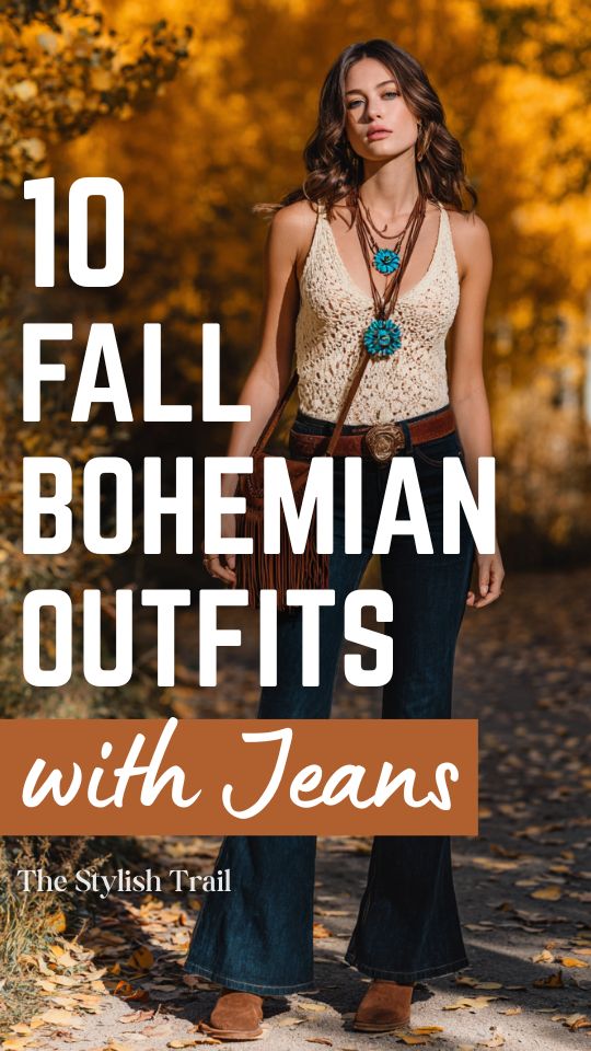 a woman wearing a fall boho outfit with jeans, a loose cream crochet top, layered turquoise and gold pendant necklaces