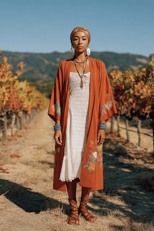 a woman wearing a flowy burnt orange kimono-style jacket with floral embroidery over a white crochet midi dress, stacked shell and turquoise bracelets, long feather earrings