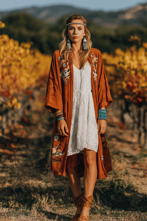 a woman wearing a flowy burnt orange kimono-style jacket with floral embroidery over a white crochet midi dress, stacked shell and turquoise bracelets, long feather earrings