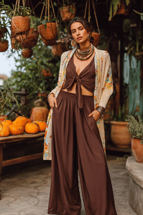 a woman wearing a hand-painted silk scarf as a top tied at the waist over a flowing chocolate brown wide-leg palazzo pant, a long open-front crochet cardigan in cream