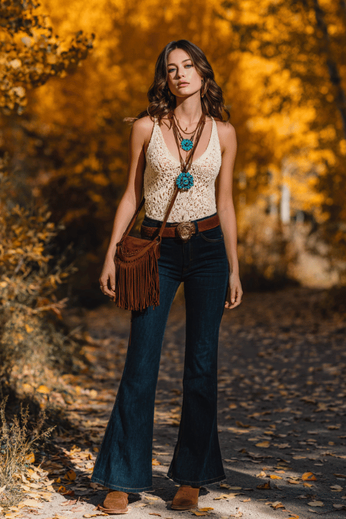 a woman wearing a loose cream crochet top tucked into high-waist flared dark wash jeans, a wide brown leather belt, layered turquoise and gold pendant necklaces 