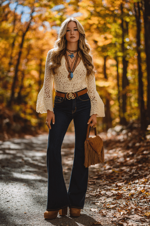 a woman wearing a loose cream crochet top tucked into high-waist flared dark wash jeans, a wide brown leather belt, layered turquoise and gold pendant necklaces