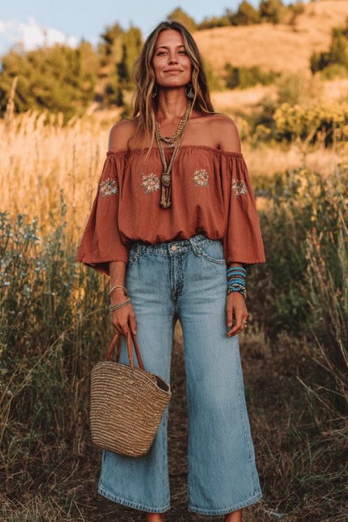 a woman wearing a loose terracotta off-shoulder boho blouse with flutter sleeves and floral embroidery over wide-leg cropped jeans in a soft blue wash, simple braided leather sandals 