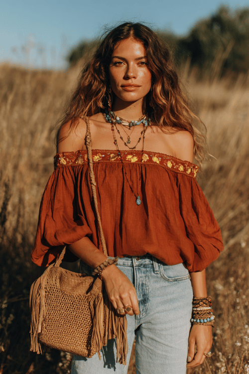 a woman wearing a loose terracotta off-shoulder boho blouse with flutter sleeves and floral embroidery over wide-leg cropped jeans in a soft blue wash, simple braided leather sandals