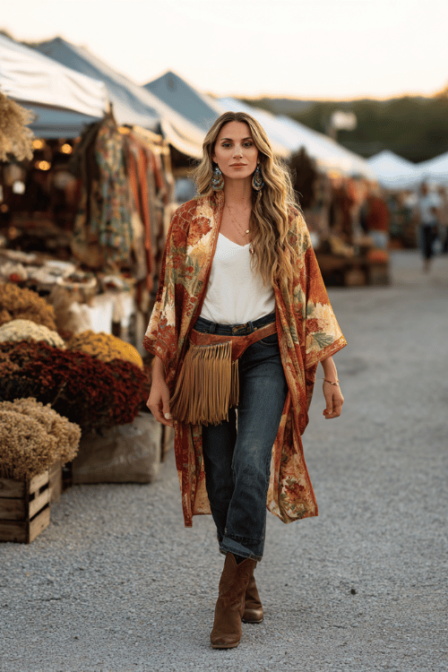 a woman wearing a printed boho kimono jacket in warm tones of rust, mustard, and ivory over a simple white fitted tee and boyfriend-cut dark wash jeans with rolled cuffs