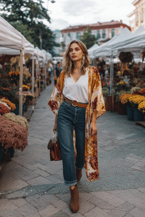 a woman wearing a printed boho kimono jacket in warm tones of rust, mustard, and ivory over a simple white fitted tee and boyfriend-cut dark wash jeans with rolled cuffs