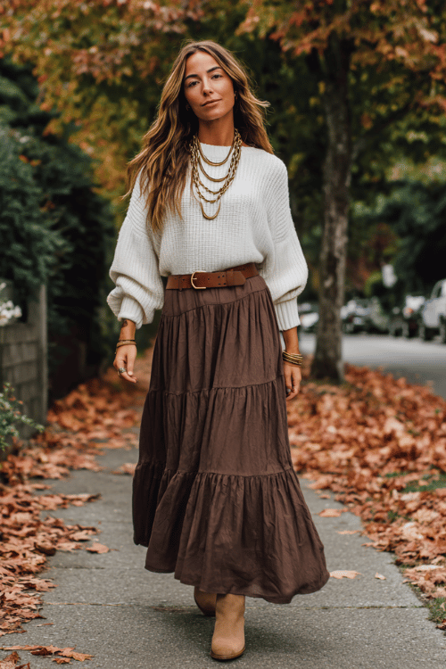 a woman wearing a relaxed oversized cream knit sweater tucked loosely into a flowing earthy brown tiered maxi skirt, a simple leather belt at the waist, layered delicate gold necklaces