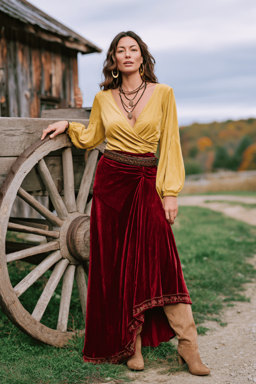 a woman wearing a rich burgundy velvet maxi skirt with a gold embroidered hem, a mustard yellow wrap top with deep V-neck and billowing sleeves
