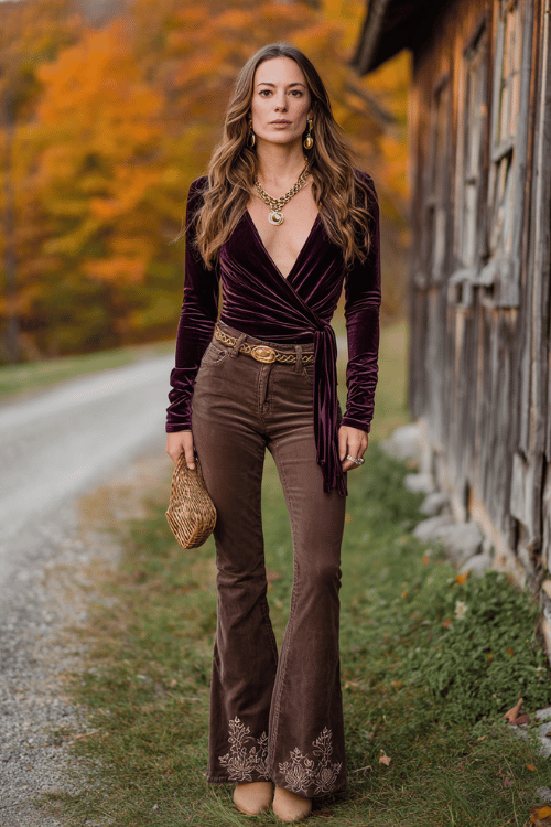 a woman wearing a rich plum velvet wrap top with long ties and deep V-neckline tucked into high-rise flared jeans with embroidered floral details along the hem